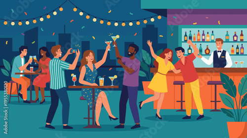 A lively rooftop party scene where friends are celebrating together, enjoying cocktails amidst a colorful urban backdrop, creating a joyful and engaging atmosphere.