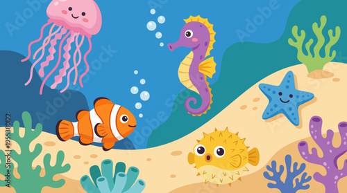 A vibrant underwater illustration featuring colorful sea creatures such as a clownfish, seahorse, and jellyfish, evoking a sense of joy and wonder in marine life.