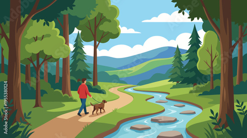 A serene pathway envelops a man leisurely walking his dog by a flowing river, surrounded by lush greenery and gentle hills, symbolizing peace and connection with nature.