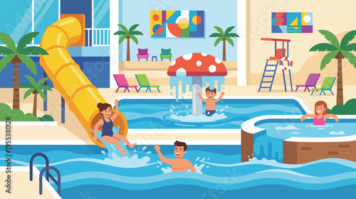 An engaging pool scene captures children playing, sliding down a water slide, and enjoying the various splash zones under a bright sunny day, showcasing pure joy.