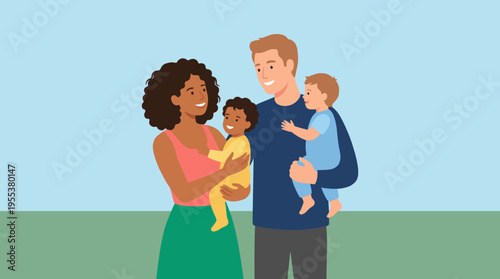 A joyful family portrait featuring a couple and their two young children, showcasing love and togetherness against a serene outdoor backdrop of grass and sky.