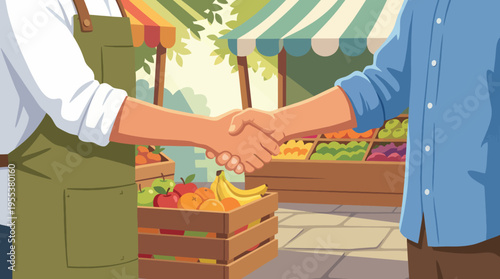 A warm and engaging moment of two individuals shaking hands, symbolizing trust and connection within a lively marketplace filled with colorful produce and lively interactions.