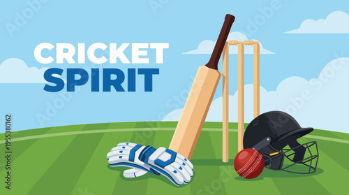 A vivid illustration featuring iconic cricket gear such as a bat, gloves, and a helmet, signifying the spirit of cricket and the joy of playing sports outdoors in the sun.