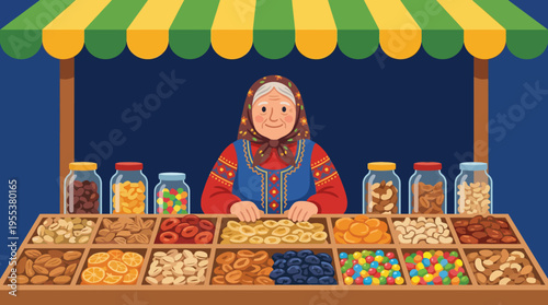 An elderly woman proudly managing a vibrant market stall filled with assorted candies and dried fruits, showcasing tradition, community interaction, and the joy of local commerce.