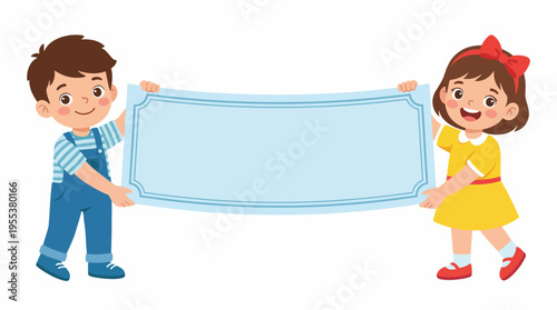 Two cheerful children hold a blank banner, perfect for advertising, announcements, or promotion, conveying innocence and joy with a playful touch.