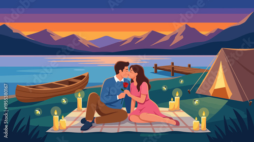 A romantic scene of a couple sharing a kiss by a peaceful lake at sunset, enriched with the warmth of candlelight and the beauty of nature, capturing romance and togetherness.