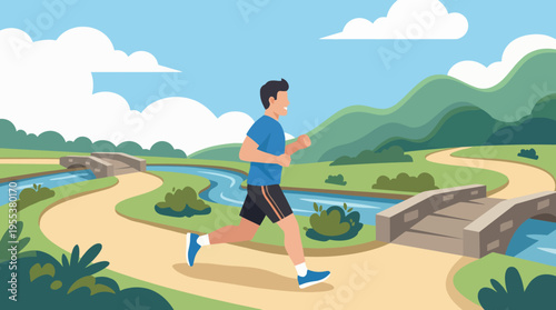 A fit young man jogs along a beautiful landscape pathway, framed by hills, rivers, and vibrant greenery, symbolizing fitness, freedom, and outdoor adventure.