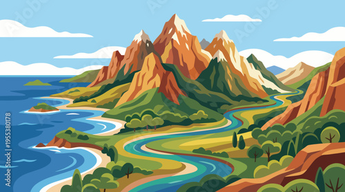 A stunning illustration captures majestic mountains alongside a winding river and ocean, representing the beauty of nature and adventure in a colorful style.