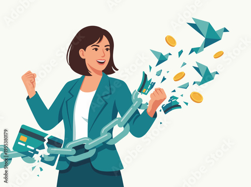 An empowered woman breaks free from financial restraints with determination and confidence, symbolizing liberation and success in a modern, artistic style.