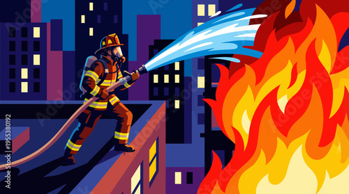 A courageous firefighter fights a raging fire in an urban setting, showcasing bravery, dedication, and heroism in a vibrant, dramatic nighttime illustration.