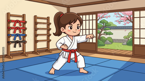 A young girl practicing karate in a traditional dojo, exemplifying discipline, focus, and the beauty of martial arts against a backdrop of serene Japanese gardens.