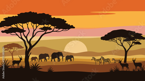 A stunning silhouette scene of various African wildlife, including elephants and zebras, set against a vibrant sunset sky filled with rich colors, capturing the beauty of nature.