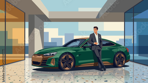 A sharply dressed man confidently leans against a sleek green luxury car in a stylish modern space, embodying sophistication and success in a contemporary setting.