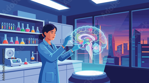 A focused scientist carefully examines a transparent brain model in a modern laboratory filled with colorful liquids and advanced equipment, showcasing innovation and study.