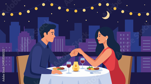 A couple enjoys a romantic dinner under soft lights with a beautiful nighttime city skyline in the background, emphasizing intimacy, love, and a sense of connection in a charming setting.