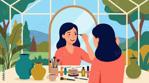 A woman smiles at her reflection while applying makeup in a beautifully decorated space filled with plants, highlighting self-care, beauty, and personal expression in a tranquil environment.