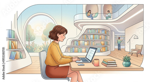 Modern Minimalist Library Interior with Woman Working on Laptop
