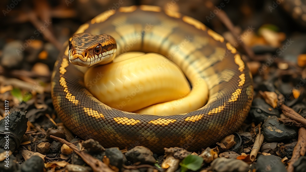 Obraz premium distended. Python snake resting among food remnants, visibly full abdomen in natural habitat. wildlife magazines, conservation campaigns, designed for nature documentaries and education.
