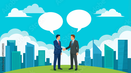 This illustration features two businessmen shaking hands against a vibrant city skyline, symbolizing partnership, collaboration, and successful negotiations in business.