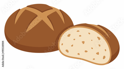 This image showcases a round loaf of freshly baked brown bread alongside a slice, highlighting the delightful texture and aroma, evoking feelings of homeliness and warmth.