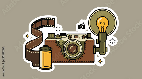 This artistic depiction of a vintage camera, film, and lightbulb celebrates photography's history, encapsulating creativity and the magic of capturing moments through art.