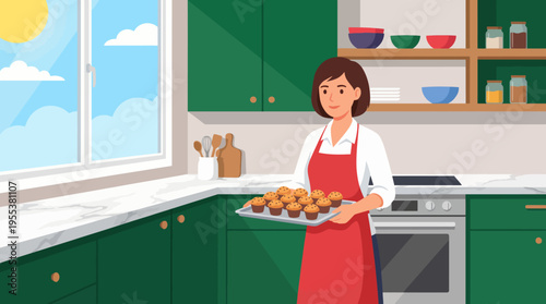 In this cozy illustration, a woman is depicted happily holding a tray of freshly baked muffins in a bright, inviting kitchen, showcasing the joy of home baking.
