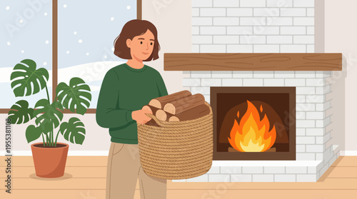 A woman is depicted carrying a basket of logs towards a warm fireplace, creating a cozy indoor atmosphere perfect for winter relaxation and comfort during cold days.