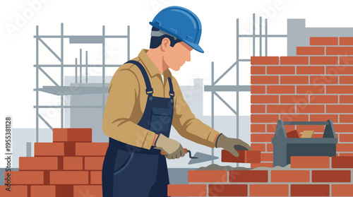 A skilled bricklayer focuses on laying bricks accurately, ensuring a sturdy wall while wearing a hard hat and gloves in a construction site filled with scaffolding.