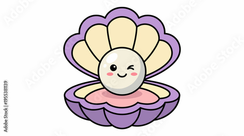 A charming illustration of a cute pearl nestled inside a colorful oyster shell, exuding joy and cuteness, representing beauty and treasures of the ocean.