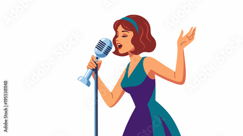 A vibrant illustration of a female singer passionately performing into a retro microphone, capturing the spirit of music and artistic expression in a lively scene.