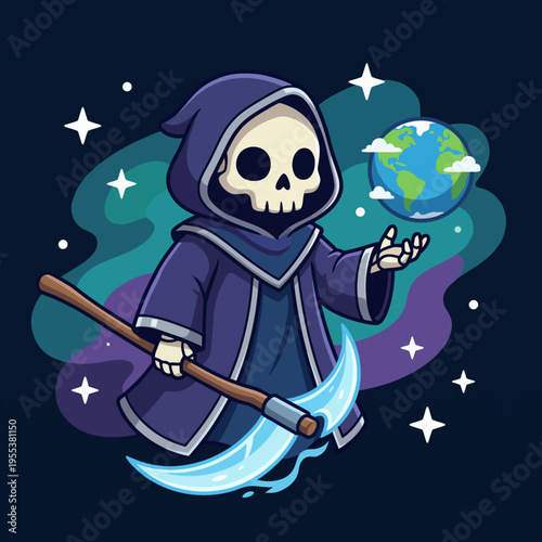 A whimsical depiction of the Grim Reaper figure holding the Earth, symbolizing fate and the passage of time amidst a cosmic and colorful background filled with stars.