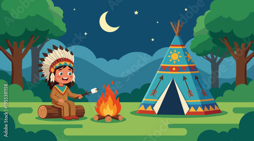 A charming illustration of an indigenous child roasting marshmallows by a campfire, embodying traditions, storytelling, and connection with nature under a starry night sky.
