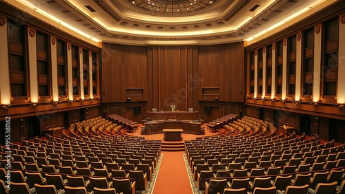 congress. A grand parliamentary chamber with rows of empty seats and soft ambient lighting from above. real-estate listings.