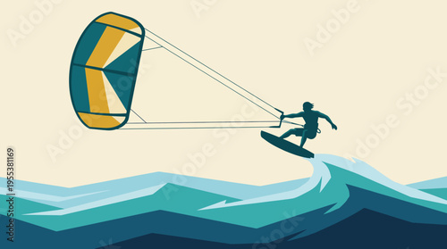 An exciting illustration of a kitesurfer riding high above the turquoise ocean waves, celebrating the adrenaline of water sports and the beauty of dynamic nature.