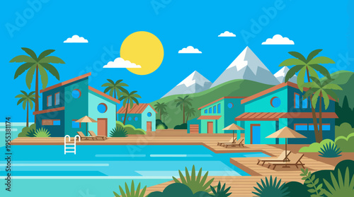 A vibrant illustration of a relaxing tropical resort featuring colorful houses, palm trees, a swimming pool, and lounge chairs under the sunshine for a vacation paradise feel.