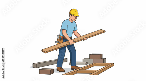 An illustration of a skilled construction worker laboriously carrying wooden beams on a job site, emphasizing craftsmanship, hard work, and commitment to building.