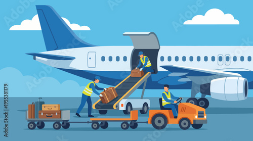 A vibrant scene showing airport ground crew efficiently loading luggage onto an airplane, showcasing teamwork, organization, and the hustle in aviation logistics.