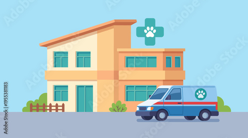 A veterinary clinic exterior with a pet ambulance parked outside, emphasizing the care and attention given to animal health and well-being in a supportive environment.