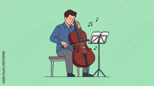 A man passionately plays a cello while reading sheet music, surrounded by musical notes, conveying his love for music and the artistic expression it brings to life.