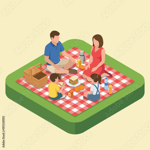 A cheerful family enjoys a picnic on lush green grass, sharing food and laughter, highlighting togetherness, joy, and the beauty of spending quality time outdoors.