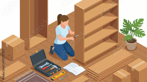 A woman kneels on the floor to assemble furniture, surrounded by tools and pieces, representing empowerment and DIY skills in a hands-on creative process.