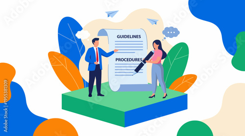 A professional illustration showing two business people discussing guidelines and procedures, signifying teamwork and organizational efficiency in a modern workplace.