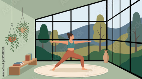 A woman practicing yoga in a bright room with large windows showcasing a scenic mountain landscape, emphasizing peace, health, and well-being in a tranquil setting.