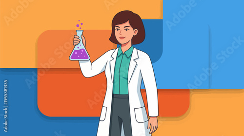 A female scientist in a lab coat holding a flask filled with vibrant colored liquid, embodying scientific exploration, innovation, and the pursuit of knowledge in a research environment.
