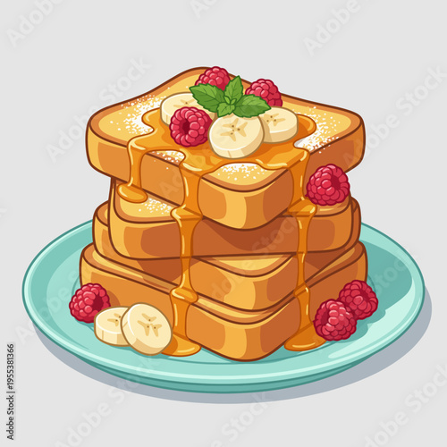An appetizing illustration of a delectable stack of pancakes drizzled with syrup and topped with fresh fruits, enticing food lovers and evoking feelings of comfort and indulgence.