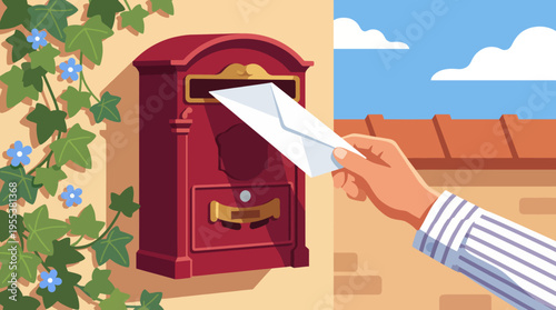 An inviting image of a classic red mailbox with a hand inserting a letter, symbolizing communication and connection amidst a picturesque setting with ivy and blue sky.
