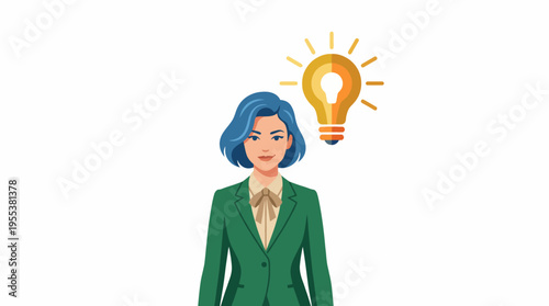 A confident businesswoman exudes creativity with a lightbulb symbolizing inspiration above her head, representing ideas, innovation, and leadership in the corporate world.