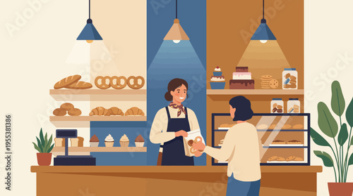 A delightful bakery scene showcases a smiling attendant serving freshly baked goods to a customer, emphasizing warmth, community, and the joy of delicious treats.