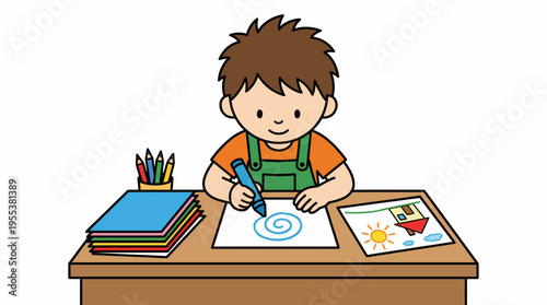 A child is happily drawing at a desk filled with vibrant crayons and papers, emphasizing creativity, imagination, and the importance of artistic expression in childhood.
