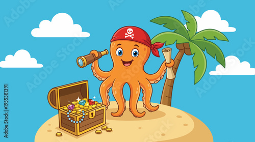 This adorable octopus, dressed as a pirate, holds a telescope and stands proudly by a treasure chest filled with gems, portraying adventure and playful spirit in the ocean.